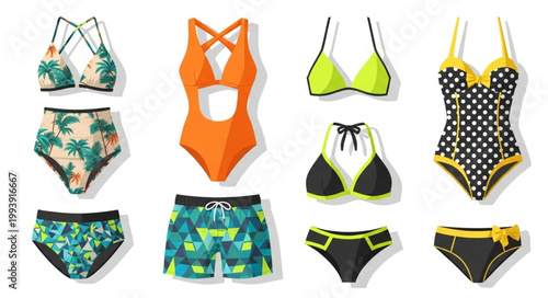 Collection of fashionable swimwear for women and men displayed flat lay.