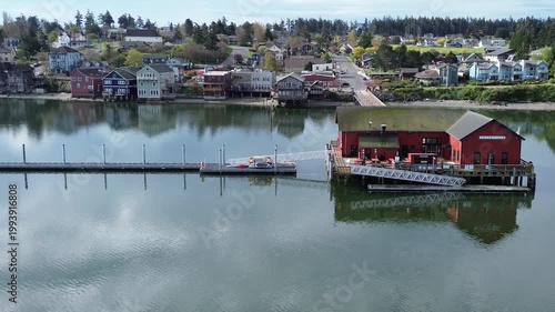 Aerial view of the historic wharf in the waterfront town of Coupville, Washington.