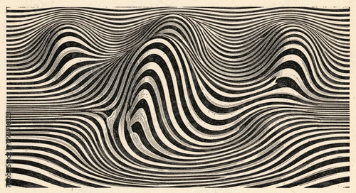 Abstract black and white wavy lines optical illusion pattern.