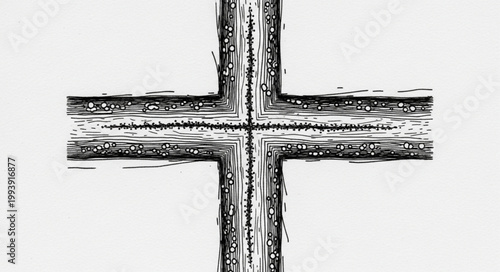 Abstract black cross symbol painted with rough brush strokes.