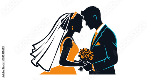 Wedding Couple Silhouette Vector Illustration of Bride and Groom Holding Flowers in Elegant Minimalist Style for Romantic Marriage Celebration Design