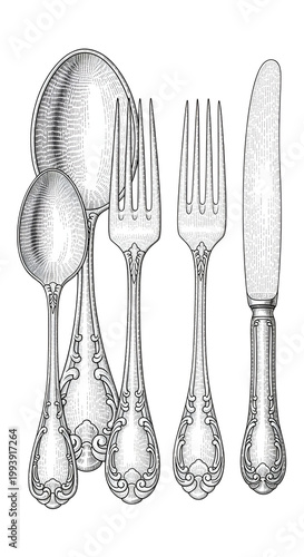 Antique Silverware Cutlery Set Illustration Isolated Transparent Background