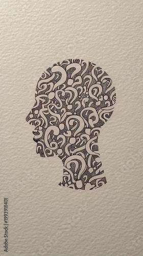 Abstract Human Head Silhouette Filled with Question Marks on Paper