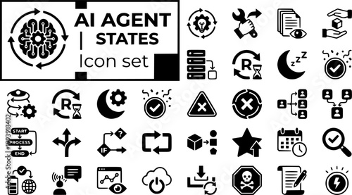 AI Agent States Icon Set Thinking Loop Tool Call Memory Read Handoff Task Queue Retry Idle Success Error Abort Spawn Merge Vector Illustration