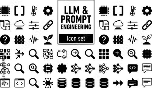 LLM Prompt Engineering Icon Set Token Context Window Temperature System Prompt RAG Pipe Embedding Fine-Tune Chain Hallucination Guardrail Streaming Seed Vector