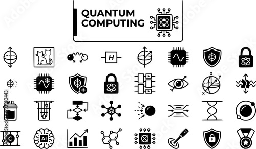 Quantum Computing Icon Set Qubit Superposition Entanglement Gate Decoherence Annealer Error Correction Quantum Key Circuit Depth Bloch Sphere Noise Vector Illustration