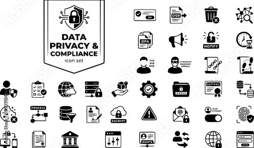 Data Privacy Compliance Icon Set Consent Banner Data Subject Request Right To Erase Data Map DPA Agreement Breach Notify Anonymize Pseudonymize Audit Trail Vector