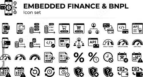 Embedded Finance BNPL Icon Set In-App Pay Installment Plan Checkout Widget Split Pay Merchant SDK Credit Score Soft Pull APR Autopay Dispute Refund Vector