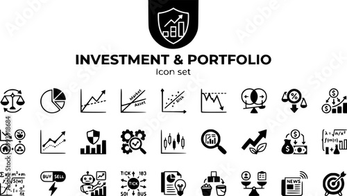 Investment Portfolio Icon Set Rebalance Allocation Pie Alpha Beta Sharpe Ratio Drawdown Correlation Factor Tilt Dividend DRIP Tax-Loss Harvest Benchmark Track Vector