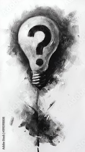 Artistic Charcoal Drawing of Lightbulb with Question Mark