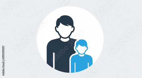 Two faceless people icons in blue and black standing together in a white circle on a light gray background