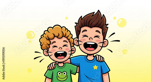 Two happy boys laughing together in friendship and joy with arms around each other in a sunny yellow background