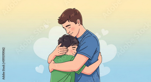 Tender moment of a man hugging a boy with hearts in the background expressing love and comfort in a warm embrace