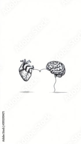 Heart and Brain Connection Sketch Representing Logic and Emotion