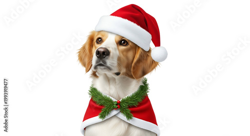 Beagle Dog Wearing Santa Hat and Christmas Wreath Isolated