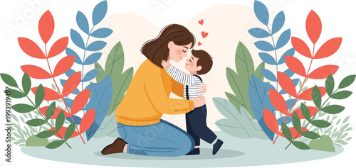 Mother Hugging Child with Decorative Leaves Background, Loving Parenting and Family Bonding Vector Illustration for Motherhood Care Emotion and Family Relationship Designs