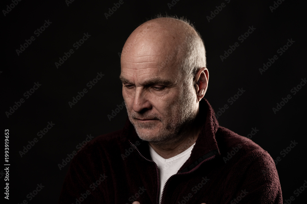 Obraz premium Mature man looking down, feeling disappointed and thinking in a reflective moment