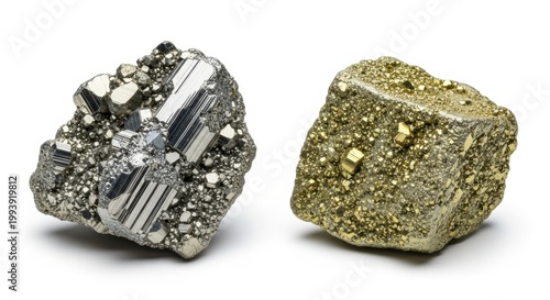 Two distinct mineral specimens with metallic luster rest against a white background.