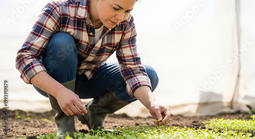 Young woman crouching in greenhouse checking sprouts seedling plants growing in fertile soil healthy agricultural lifestyle