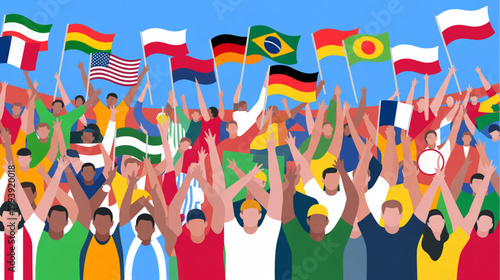 Diverse crowd waving international flags, global unity, multicultural people, world celebration