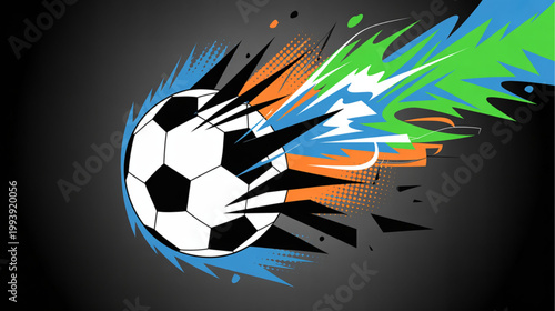 Soccer ball, colorful explosion, dynamic sports icon, football graphic