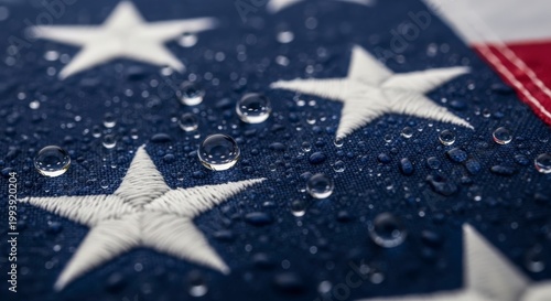 American flag with water drops closeup.
