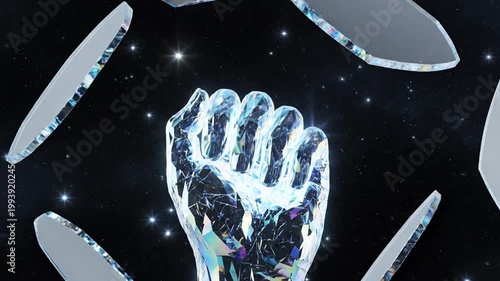 Abstract hand in crystal with shattered glass against starry background