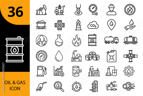 Oil and gas icons set vector illustration with industry petroleum extraction refinery transport pipeline equipment