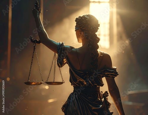 Goddess of Justice Holding Scales and Sword Blindfolded Cinematic Light