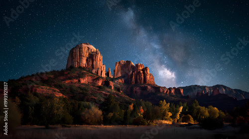 Iconic red rock formations of Sedona under a starry night sky with Milky Way, Generative AI illustrations.