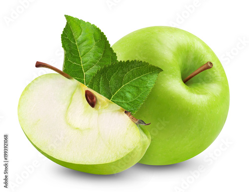 Apples isolated. A ripe green apple and an apple slice on a transparent background.