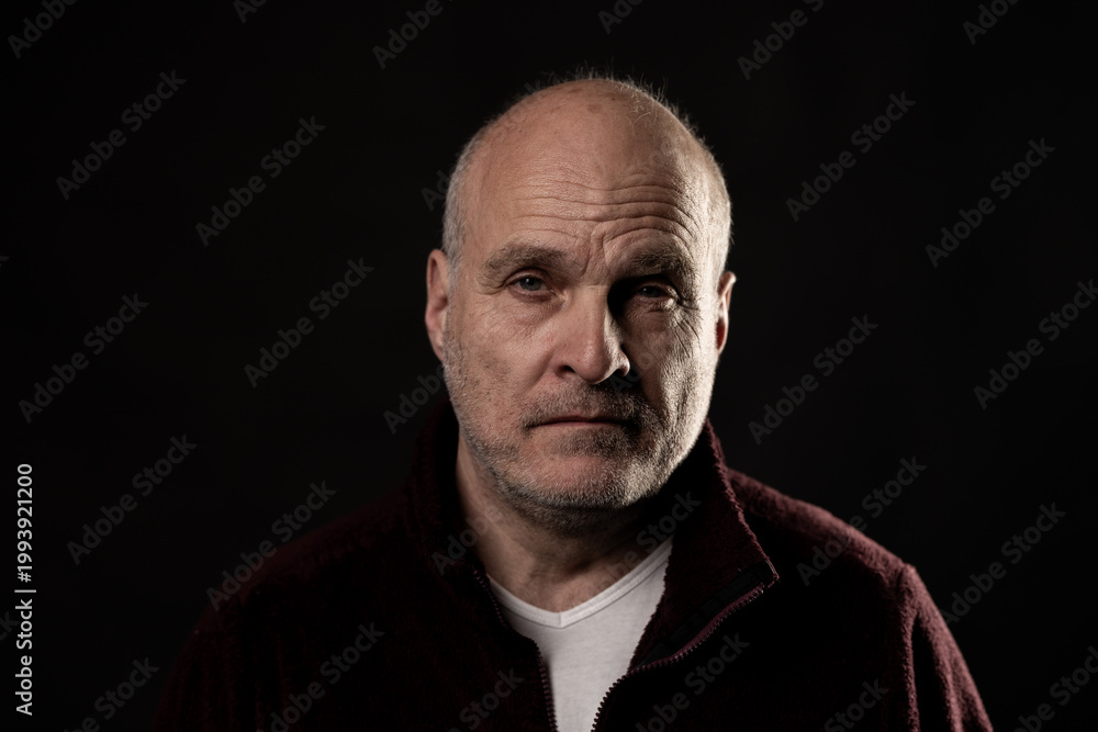 Obraz premium Senior bald man with a serious expression looking directly at the camera on a dark background
