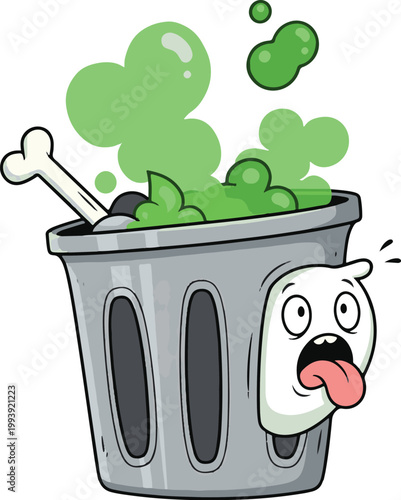 Cartoon Trash Can Character With Grinning Face and Green Toxic Goo