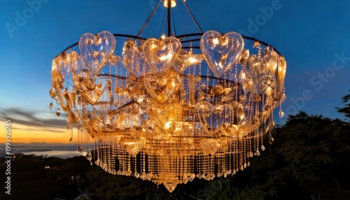 Elegant heart-shaped chandelier illuminates a romantic evening landscape.