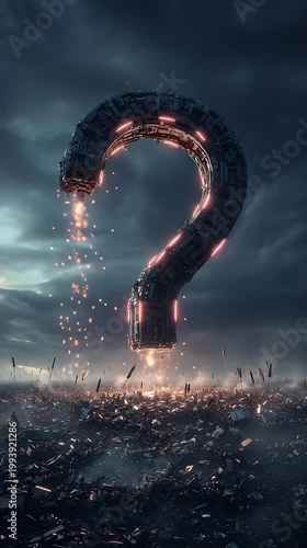 Giant Sci-Fi Question Mark Hovering Over Dystopian Battlefield