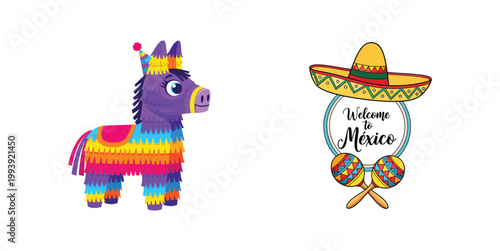 Colorful fiesta decorations a llama pi ata and a mezcal bottle illustration