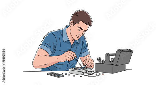 Focused man repair electronic device with screwdriver Tool box on table