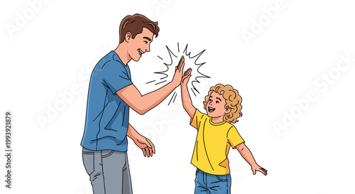 Joyful High Five Between Adult and Child: Teamwork and Success Illustration