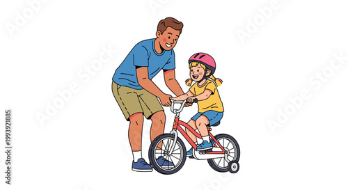Father teaching child to ride bicycle happy family moment learning together