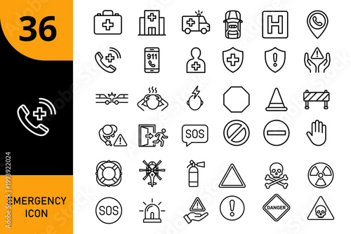 Emergency services icons set with ambulance and medical cross first aid fire extinguisher traffic cone emergency
