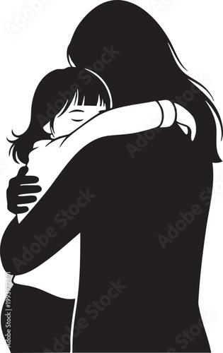 Mother hugging her child closely with black and white family moment daughter