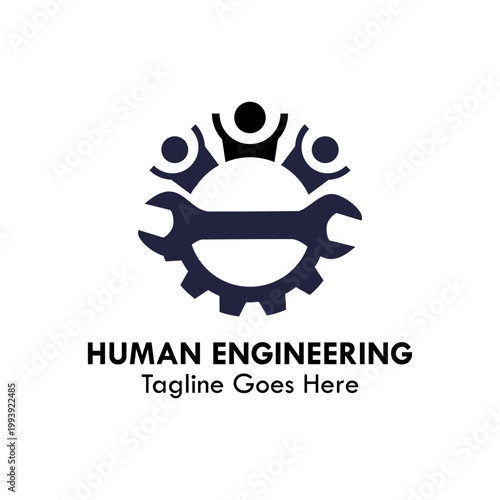 Human engineering logo with people figures, wrench, and gear. Innovative vector symbol for teamwork, social cooperation, and industrial human resource management.