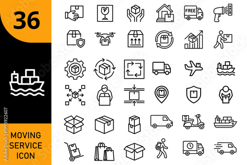 Moving service icons set vector illustration with line art delivery logistics transport shipping airplane template