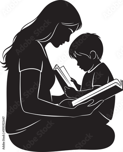 Mother reading a book with her child black and white shared activity learning