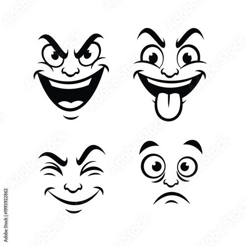 Set of four expressive cartoon faces with different emotions.