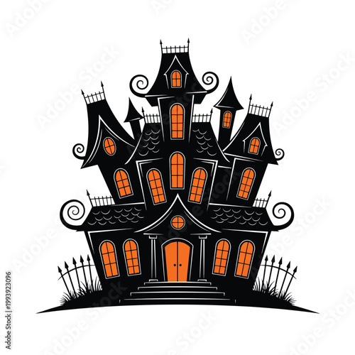 Spooky Haunted House Illustration with Glowing Orange Windows for Halloween.