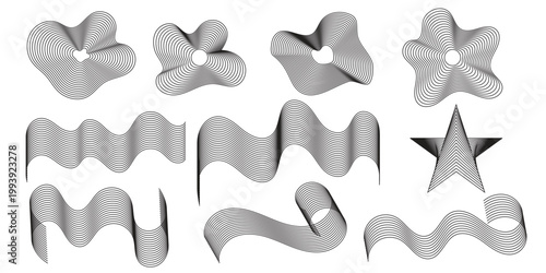 Abstract patterns of swirling lines and geometric shapes in grayscale digitally rendered
