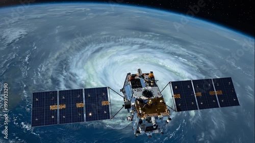 Tracking shot of earth observation satellite approaching and passing over swirling hurricane eye above ocean in low earth orbit