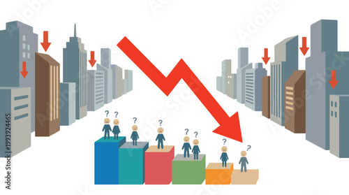 Recession Illustration Showing City Buildings with People on Declining Charts