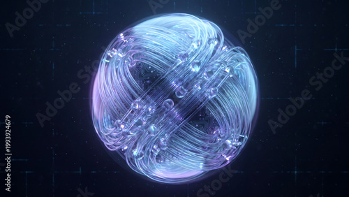A futuristic glowing blue orb with swirling lines and dots against a dark background